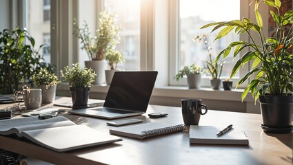 Fototapeta premium Modern home office with laptop notepad coffee plants and natural light
