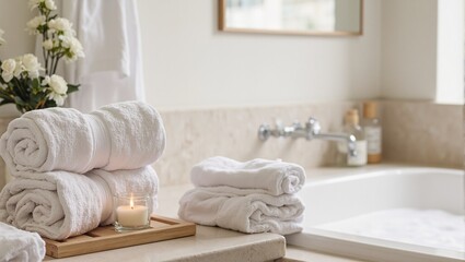 Luxurious bathroom spa with white towels lit candle bubbles in a bathtub