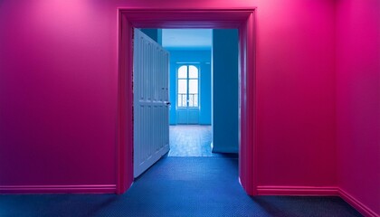 an open door with vibrant pink walls and a blue lit room beyond creating a striking and colorful visual