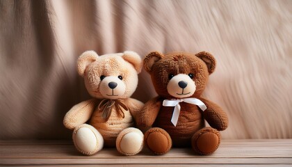 Obraz premium two charming handmade teddy bears one brown and one cream sit side by side on a wooden surface exuding warmth and comfort against a backdrop of soft textiles