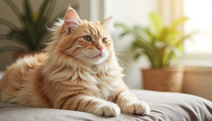 Calm fluffy cat relaxing in cozy living room, home comfort