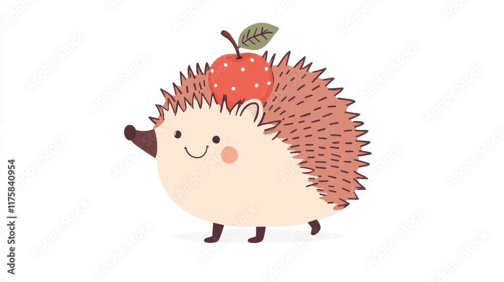 Poster cute hedgehog with apple walking happily in a playful forest environment during daytime. generative 
