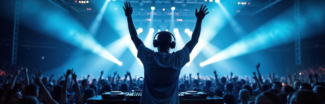 Excited crowd enjoys music performance by DJ. DJ plays music, people dance. Music creates exciting atmosphere. Concert at night in big hall club. Young people fun. Music festival. Lots of people.