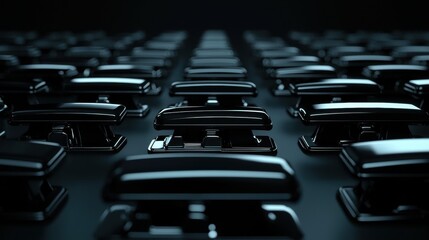 Large number of black staplers arranged in a grid-like pattern on a dark background. the stapling machines are all the same size and shape, and they are all facing the same direction.