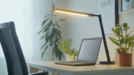Fototapeta premium A desk with a laptop and a desk lamp