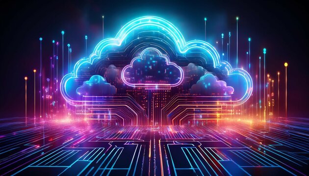 explore the vibrant world of cloud computing a futuristic neon vision of data networks and digital innovation in modern technology design