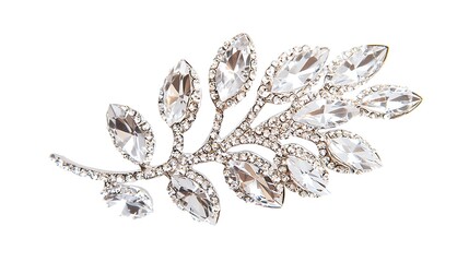 A large, white, crystal leaf brooch with a silver stem