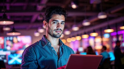 Fototapeta premium The handsome businessman, smiling, works seriously on his laptop at the bar, enjoying the city nightlife