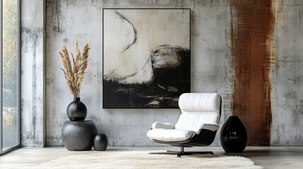 Minimalist interior design, monochromatic artwork, abstract landscape painting, curved white chair, pampas grass in vase, black sculptural vases, textured carpet, neutral tones, contemporary aesthetic