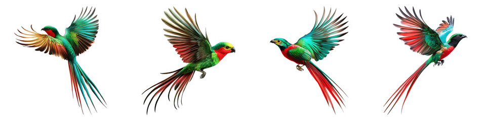 Quetzal bird flying in the air isolated on transparent background, Set of