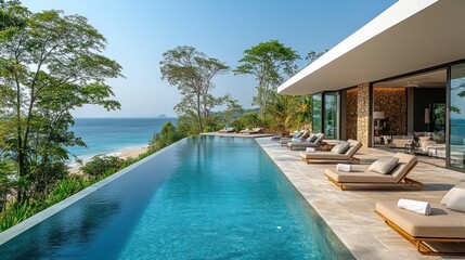 Fototapeta premium A luxurious villa with an infinity pool overlooking the ocean and lush greenery.