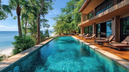 Obraz premium A luxurious villa with a pool overlooking the beach, surrounded by tropical greenery.