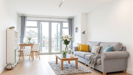 Fototapeta premium Modern living room with gray sofa vibrant pillows flowers and cozy throw blanket by sunny windows