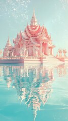 Magnificent and ornate Buddhist temple with gilded spires and intricate carvings reflected in the calm and tranquil waters of a serene pond or lake