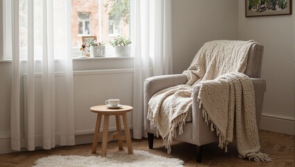 Inviting reading nook with armchair tea blankets by window