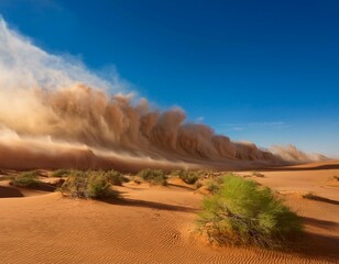 massive sandstorm sweeping across a desert landscape with swirling clouds of dust