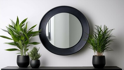 modern interior round mirror with black frame on white wall plants in black pot