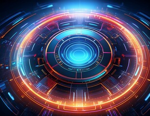 futuristic neon glowing circular interface on a dark abstract background symbolizing technology innovation and digital progress