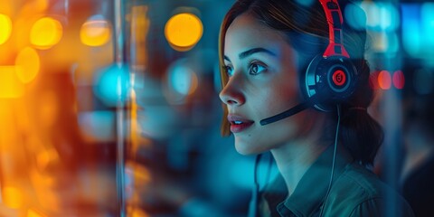 Focused young woman wearing a headset, working in a modern control room filled with colorful lights and screens, showcasing technology and communication.