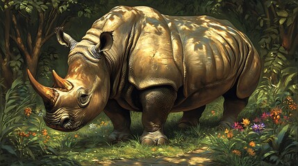 Fototapeta premium A large rhinoceros stands in a lush green forest clearing, surrounded by colorful flowers.