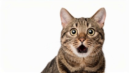 Obraz premium tabby cat is looking surprised with wide eyes and mouth open isolated on white background