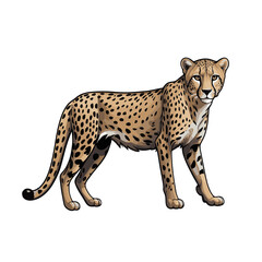 Cheetah standing in a relaxed pose showcasing its distinctive spotted coat and graceful physique in an illustrated style