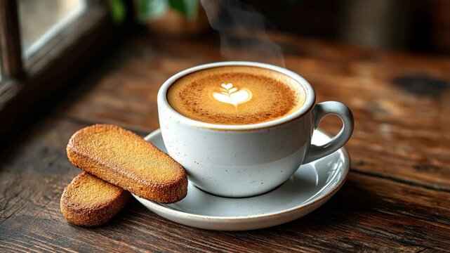 Steaming latte art coffee in a rustic ceramic cup with biscotti on a wooden table, perfect for caf&eacute; promotions or cozy breakfast-themed visuals