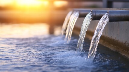 Sunset Water Flow Pipes Pouring Clean Water into Basin, Water Treatment, Irrigation Water conservation, Pipeline