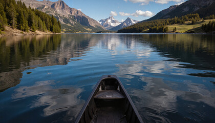 Obraz premium Canoe on tranquil lake surrounded by mountains