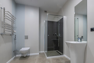 Bathroom with an elegant design. Shower behind a glass partition, stylish accessories.