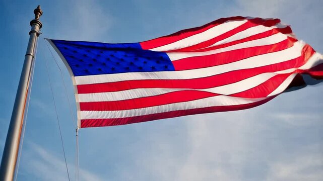 Flagge der USA weht majest&auml;tisch im Wind unter klarem Himmel

