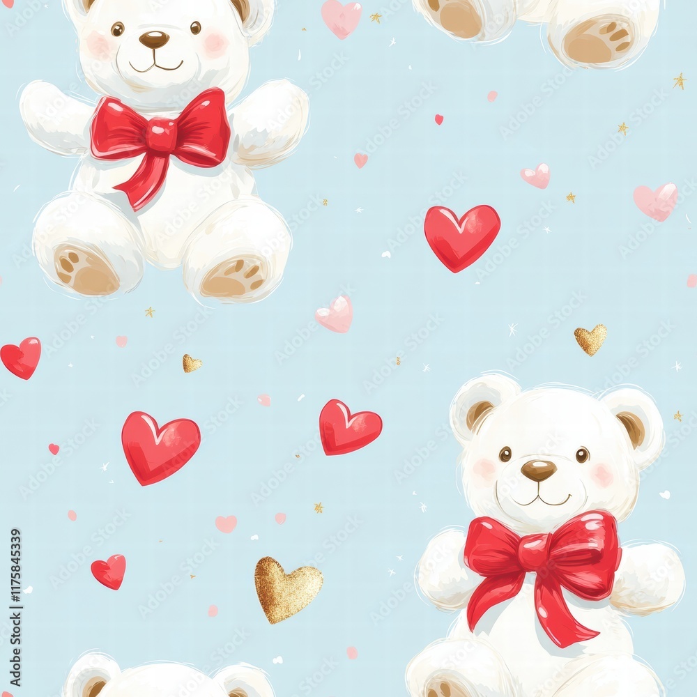 Aufkleber cute teddy bears with red bows and hearts on soft blue background create a playful and loving atmosp