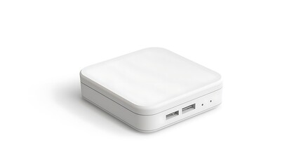 A white device with a black logo on it