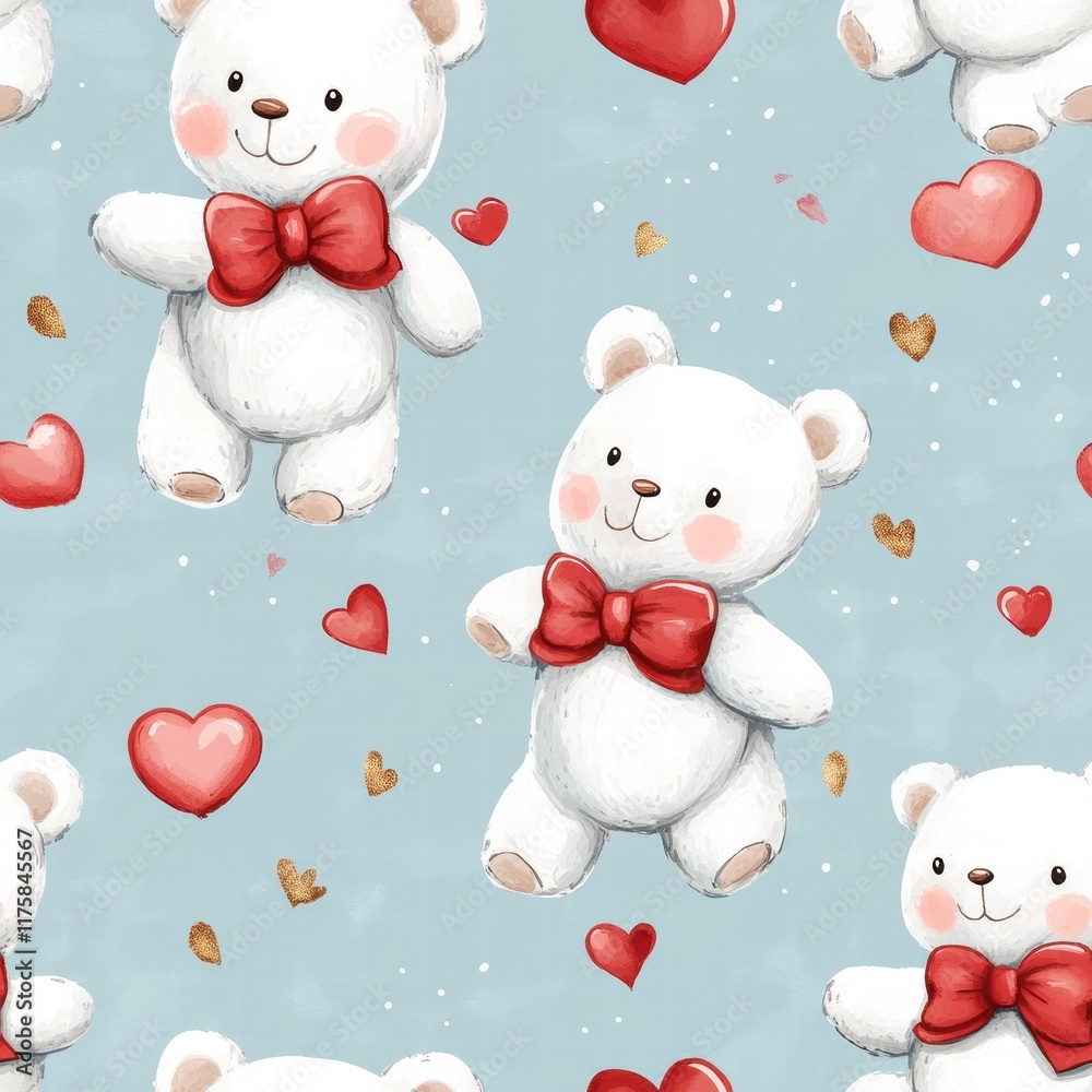 Aufkleber cute teddy bears with red bows and hearts on soft blue background for a charming design. generative 