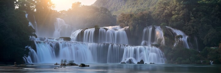 Panoramic View of Ban Gioc Waterfalls at Sunset, Vietnam – Majestic Cascades in Lush Forest Setting, Ideal for Nature and Travel Themes.Unesco site.