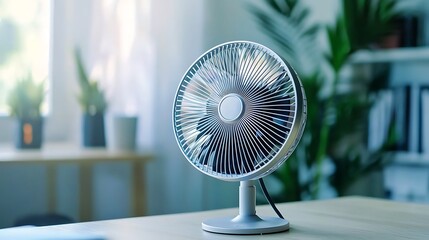 A white fan sits on a wooden table in a room