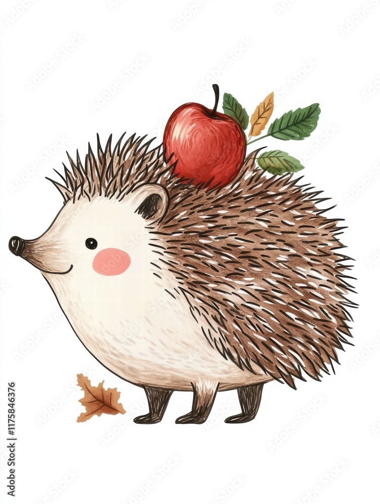 Aufkleber cute hedgehog with an apple on its back among autumn leaves in a cheerful setting. generative ai