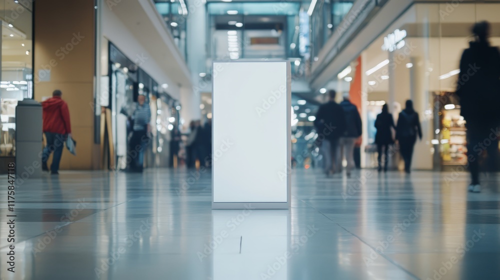 Poster White vertical rectangular banner standing in the middle of a shopping mall with walking blurred people, perfect mock up to display advertising