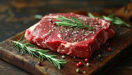 Fototapeta premium Fresh raw steak with spices and fresh rosemary on a wooden cutting board, ready for cooking or grilling.