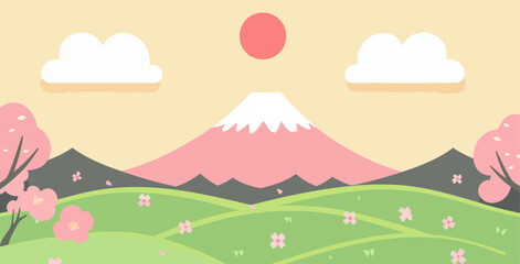mountain with cherry blossoms, green hills, and a red sun in a cartoon-style landscape