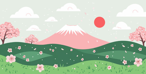 mountain with cherry blossoms, green hills, and a red sun in a cartoon-style landscape