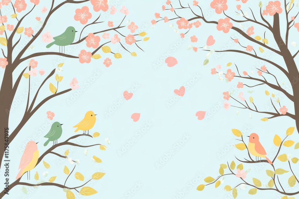 Aufkleber colorful hand drawn doodle of trees with birds and flowers creating a cheerful springtime atmosphere