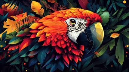 Fototapeta premium Detailed Articulated Head of Parrot Surrounded by Lush Foliage