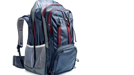 A blue backpack with red straps sits on a white background