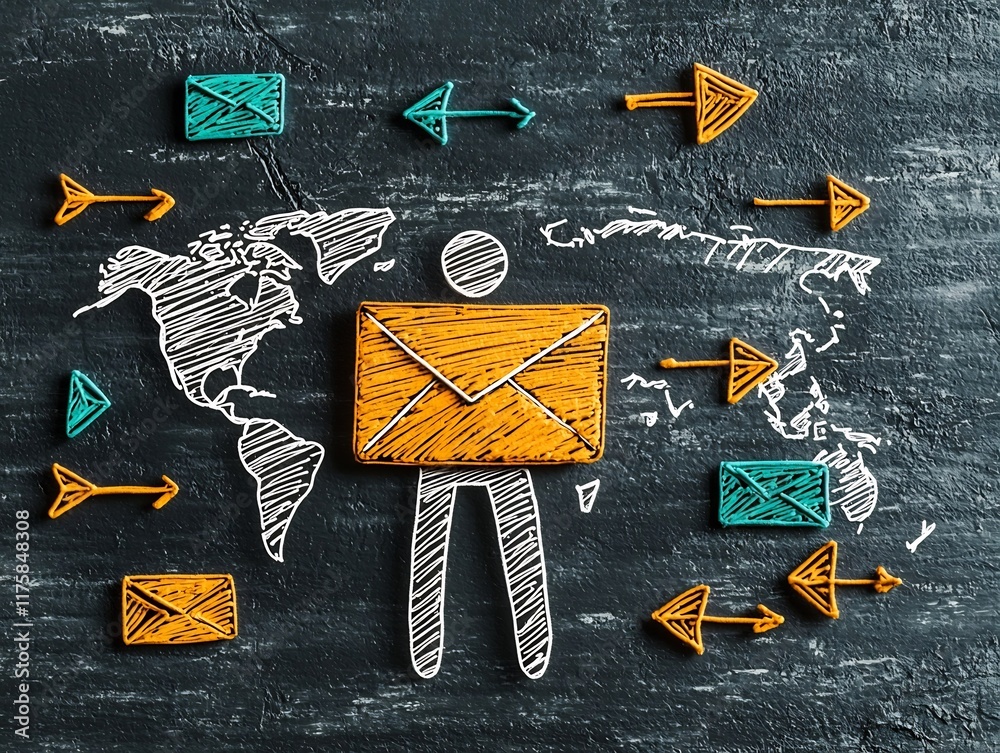 Poster symbolic representation of worldwide digital interconnectivity featuring a hand drawn user figure en