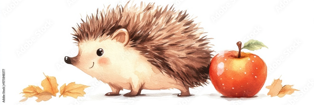 Poster cute hedgehog standing beside a shiny red apple with autumn leaves scattered around in a warm settin
