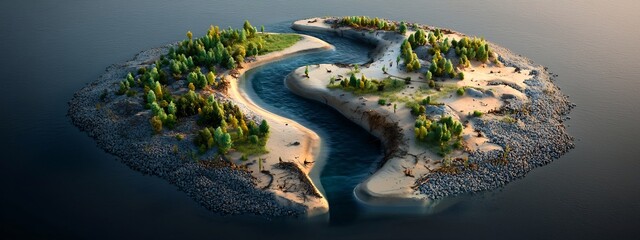 Aerial perspective of a remote untouched island with a meandering river sandy beaches and a lush diverse vegetation covering the landscape