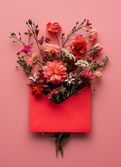 Vibrant bouquet of various flowers emerging from a red envelope on a soft pink background, symbolizing love and celebration.