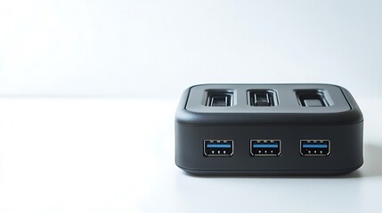 A black device with three blue ports sits on a white surface