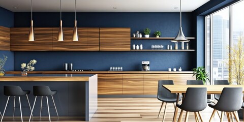 Modern kitchen interior, wood cabinetry, navy blue walls, minimalist design, pendant lighting, dining table, yellow chairs, large windows, natural light, open shelving, clean lines, contemporary aesth